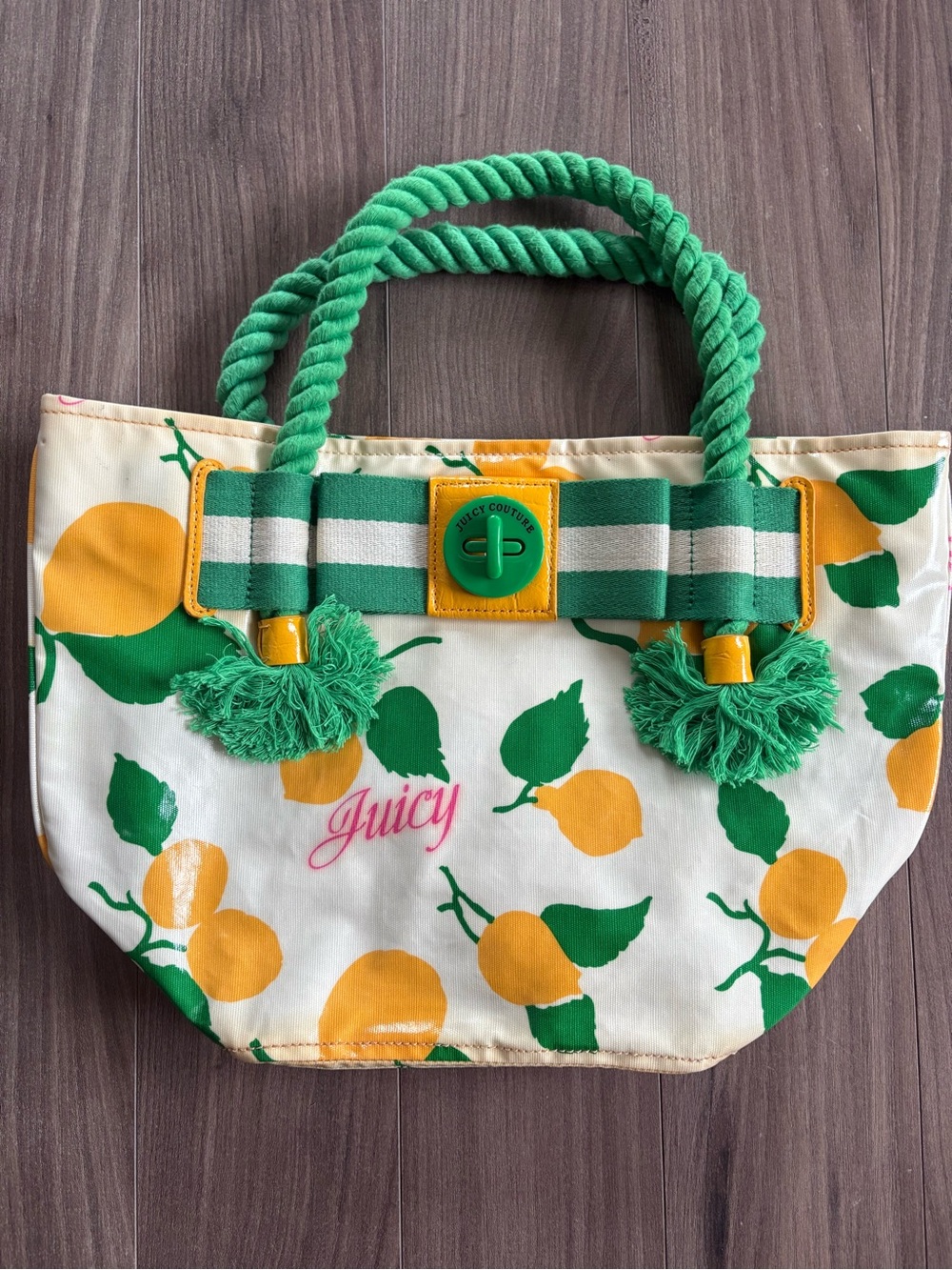 Juicy Couture Yellow Lemon Print Tote with Green Rope Handles and Pink Logo